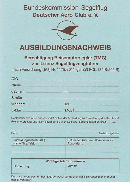 Ausbildungsnachweis Klassenberechtigung Reisemotorsegler zur Lizenz für Segelflugzeugführer