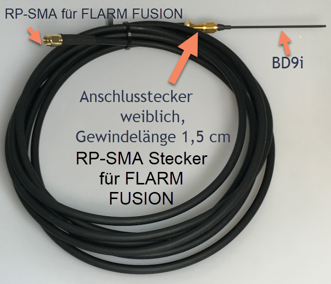 Flarmantenne BD9i mit Aeroflex Kabel für FLARM FUSION mit RP-SMA Stecker